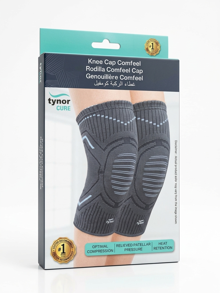 48-50 (1) Two Tynor Cure Knee Caps displayed in their packaging, designed for support and comfort during knee recovery.