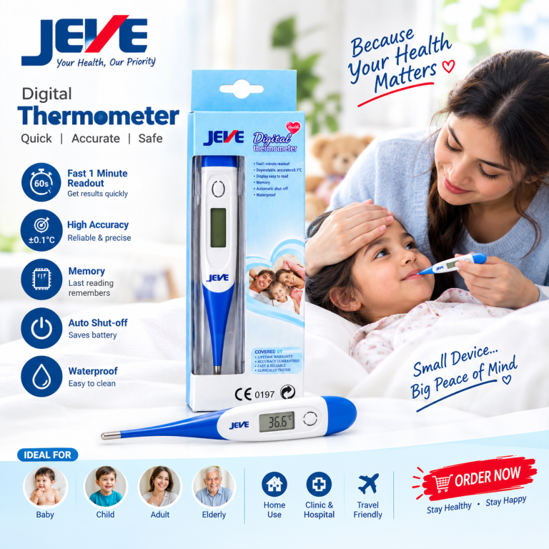 A digital thermometer displayed in its packaging, showcasing the product and branding clearly.