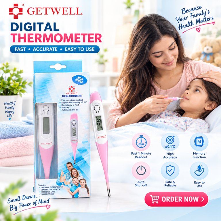Pink digital thermometer in packaging, designed for flexible use and accurate temperature readings.
