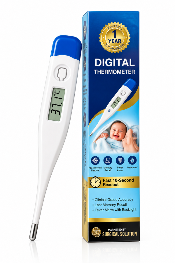 Digital thermometer displayed alongside its packaging box, showcasing its design and features.