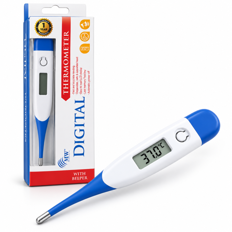 Digital thermometer displayed in its packaging, showcasing the product design and features clearly.