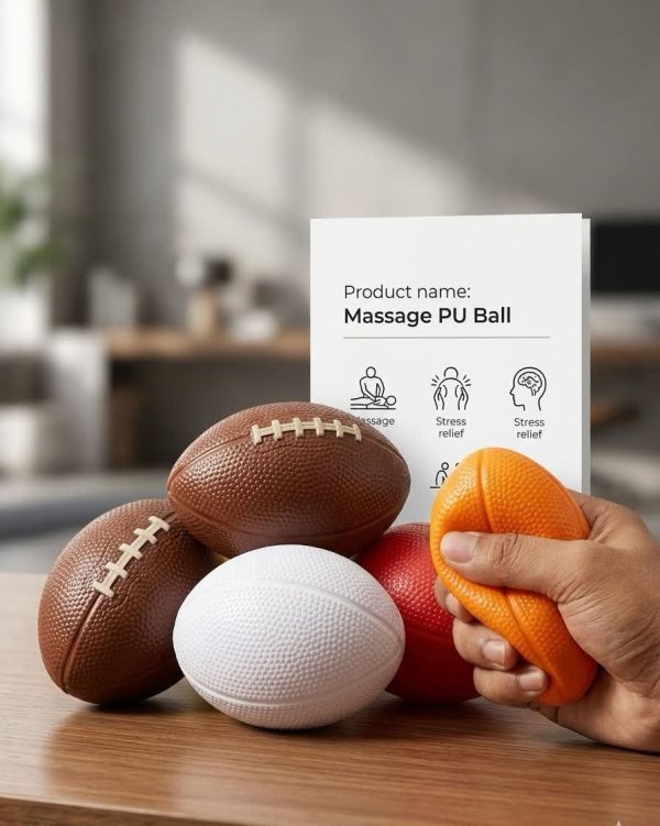 A collection of football-shaped massage balls designed for stress relief and hand exercises.