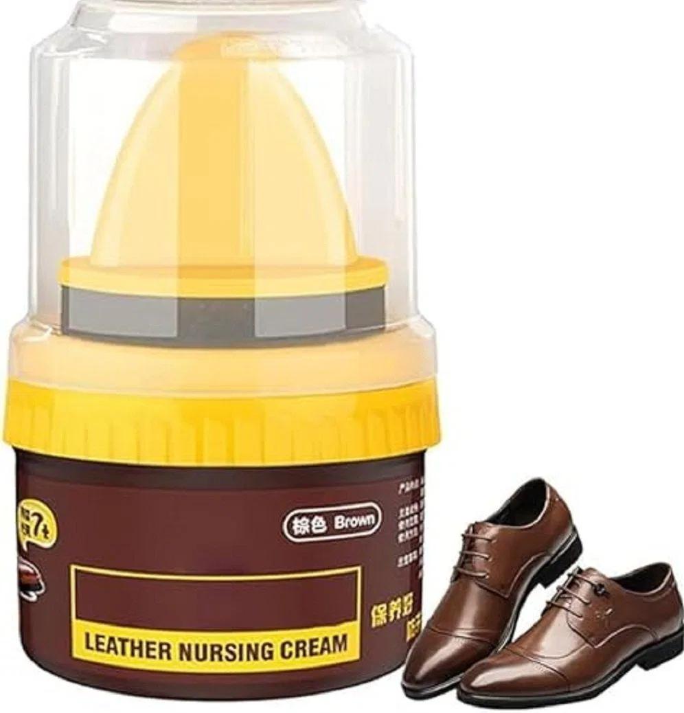 61 (1) A brown shoe next to a bottle of leather nursing cream for polishing and repairing leather footwear.