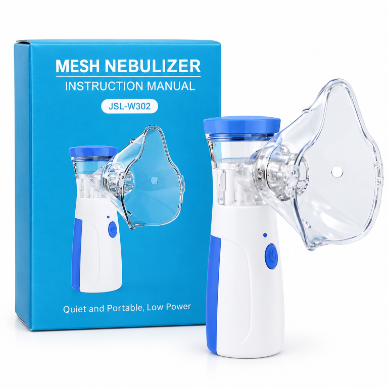 A portable mini handheld mesh nebulizer displayed in front of its packaging box.