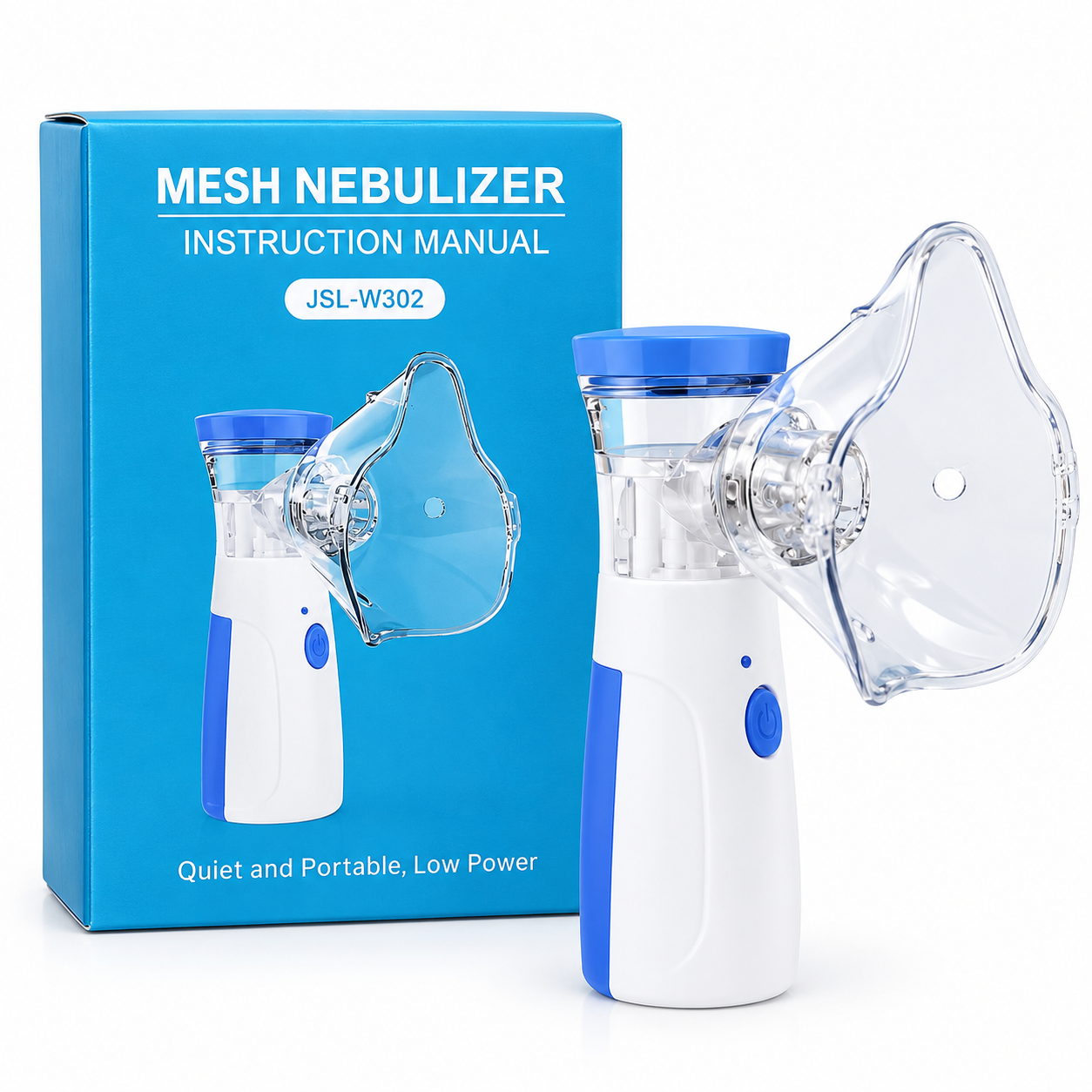 A portable mini handheld mesh nebulizer displayed in front of its packaging box.