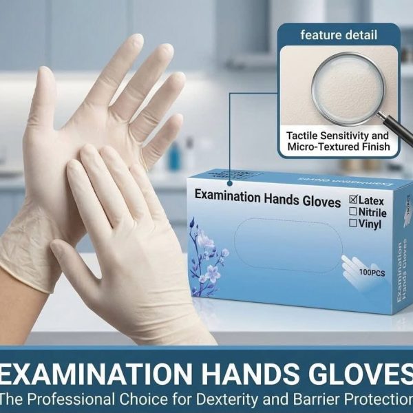 A box containing 100 disposable latex hand gloves, showcasing white gloves stacked neatly inside.