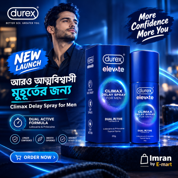 Durex Elevate Climax Delay Spray for Men, 20g bottle, designed to enhance performance and prolong intimacy.