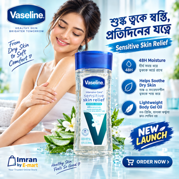 Vaseline Intensive Care Sensitive Skin Relief body gel oil in a 200ml bottle, featuring a Bengali advertisement design.