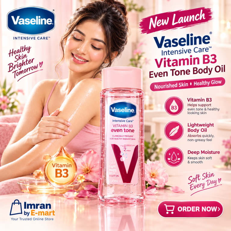 Vaseline Intensive Care Vitamin B3 Body Oil 200ml bottle, showcasing its moisturizing properties for even skin tone.
