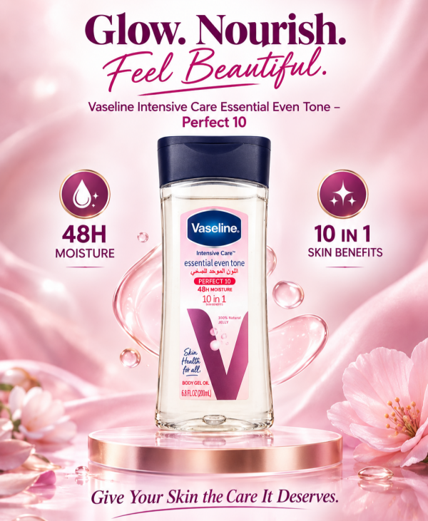 A bottle of Vaseline Intensive Care Essential Even Tone Body Gel Oil surrounded by pink flowers, showcasing its moisturizing properties.