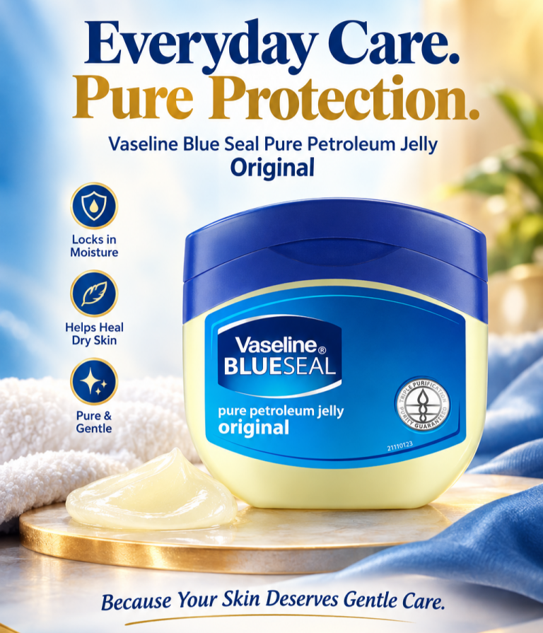 A 100g container of Vaseline Blue Seal Pure Petroleum Jelly, showcasing its original blue label and clear jelly texture.