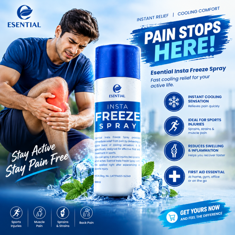Essential Insta Freeze Pain Relief Cooling Spray bottle, designed for sports injuries and muscle pain relief.